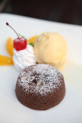 Chocolate Lava Cake with ice cream and fruit