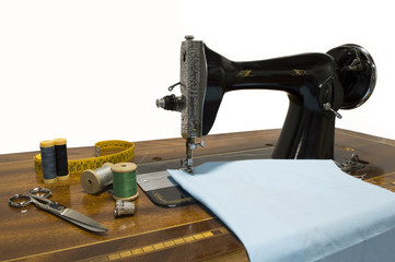 Old sewing machine sewing with white Background