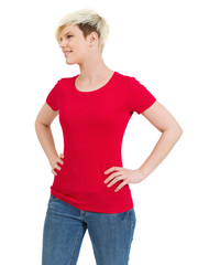 Obraz premium Cute happy female with blank red shirt