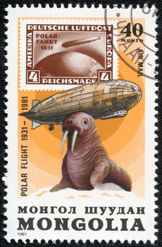 Stamp shows the image of the Graf Zeppelin & Walrus