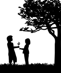 Boy gives a girl flowers, bouquet snowdrops in park silhouette