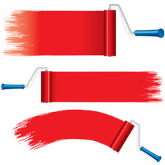 Red Roller Brush Painting Strokes on Wall. Vector