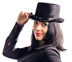 young beautiful woman in black tophat