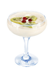 Glass of yoghurt dessert with fruits and  berries, isolated