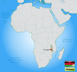 Übersichtskarte von Malawi mit Landesflagge