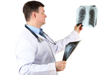 Medical doctor analysing x-ray image  isolated on white © Africa Studio