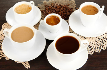 Assortment of different hot coffee drinks close up