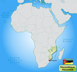 Übersichtskarte von Mosambik mit Landesflagge