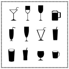 Glass icons, drinks and beverages signs
