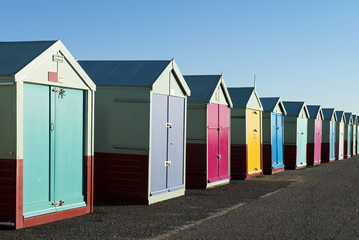 Colorful Beach Huts at Hove, near Brighton, East Sussex, UK.