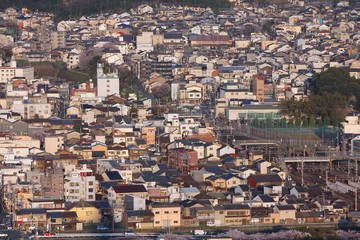 Fototapeta premium Kyoto aerial view in sunset light, Japan