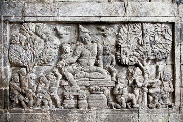 Detail of carved relief at Borobudur , Java, Indonesia.