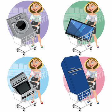 Mujer con electrodomésticos en el carro de la compra