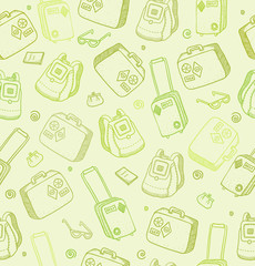 Vector pattern with bags, suitcases and backpacks on green backg