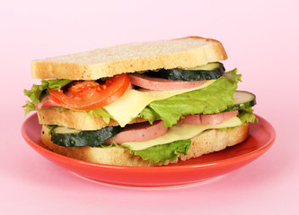 Sandwich on plate on pink background