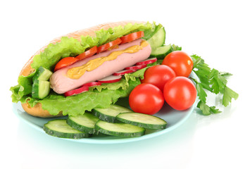 Tasty hot dog with vegetables isolated on white