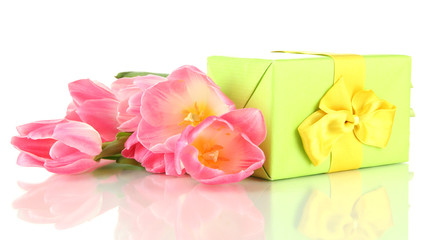 Fototapeta na wymiar Pink tulips and gift box, isolated on white