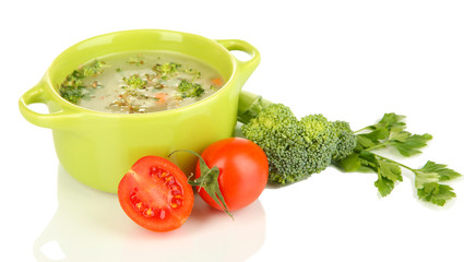 Diet soup with vegetables in pan isolated on white