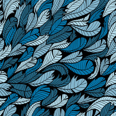 Seamless blue hand drawn pattern with feather