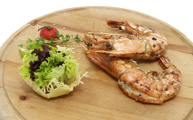 langoustines on a wooden platter in a restaurant