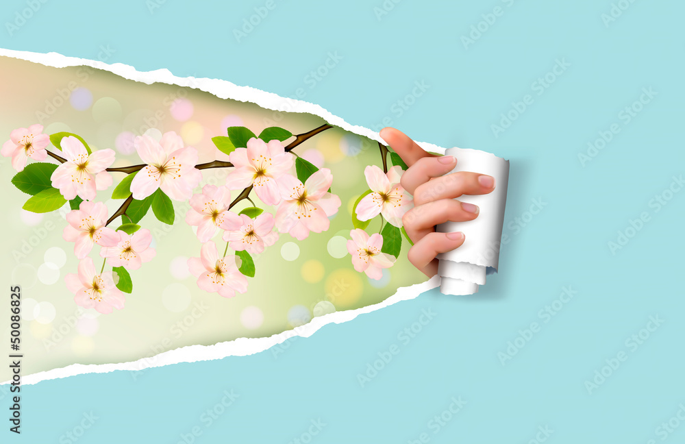 Poster nature background with green grass and sky and ripped paper. vec