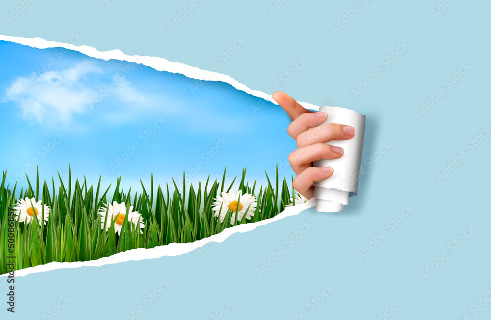 Poster nature background with green grass and sky and ripped paper. vec