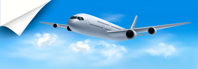 Naklejka na ściany i meble Travel background with airplane and white clouds