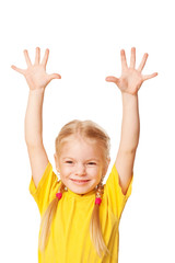 Little girl raising her hands up.