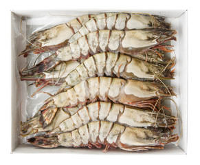 Giant prawns in retail pack, isolated with clipping path