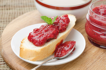 white bread with strawberry jam