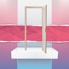 Realistic open door on a shelf. Vector illustration. 