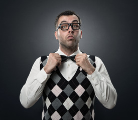 Funny nerd preparing to go out for a date