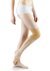 woman ware knee pad for relief support and protection isolated