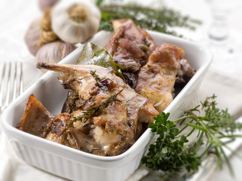 Roasted Rabbit With Herbs And Garlic, Selective Focus