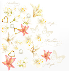 Fototapeta na wymiar Fashion style background with flowers, pears on white