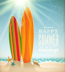 Surfboards on a beach against a sunny seascape - obrazy, fototapety, plakaty