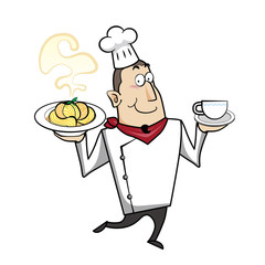 Cartoon Chef with Pasta Bowl and Coffee