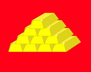 Ten gold bars on a red background.