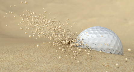 Golf Ball In Action Hitting Bunker Sand