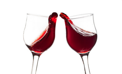 Cheers! Two red wine glasses, toast gesture, isolated on white