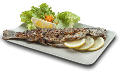 Grilled trout on white dish decorated with lemons