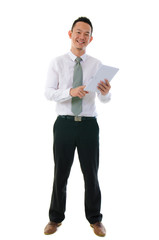 asian business man holding a digital touch screen tablet compute