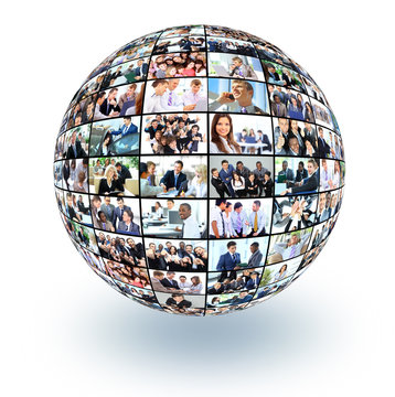 A globe i with many different business people