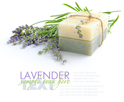 Handmade Soap And Lavender Flowers On A White Background