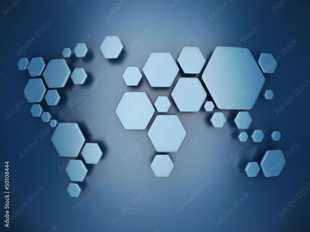 Poster abstract simplified world map made of hexagons