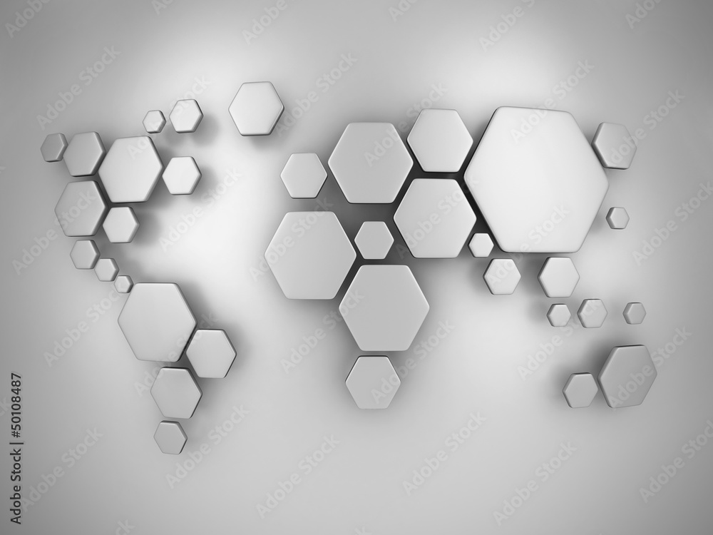Poster abstract simplified world map made of hexagons