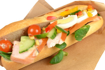Sandwich with smoked chicken on a white background.