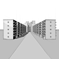 drawing of a residential street in front of the city