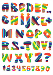 vector multicolor stripped font set with numbers and symbols