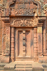 Stone carving of classical Khmer construction at Banteay Srei.